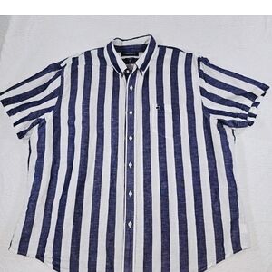 Big Blue White Vertical Stripe Short Sleeve Button Linen Blend Mens 2X Nautical